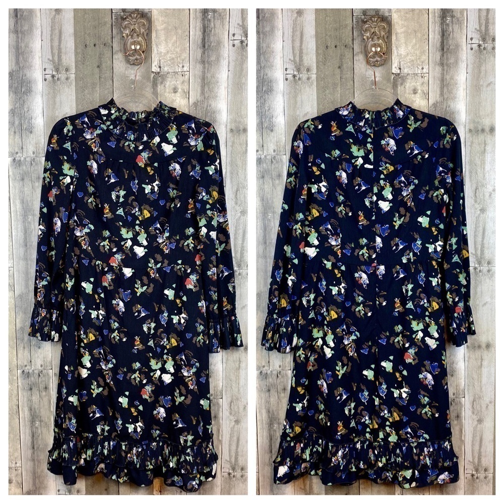 Georges Rech Multicolor Floral Silk Pleated Ruffle Trim Dress Size Medium